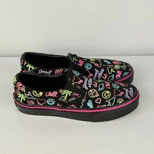 M5, W6.5- Vans Slip-On Glow In The Dark Black Neon Lights Emoji Skate Shoes